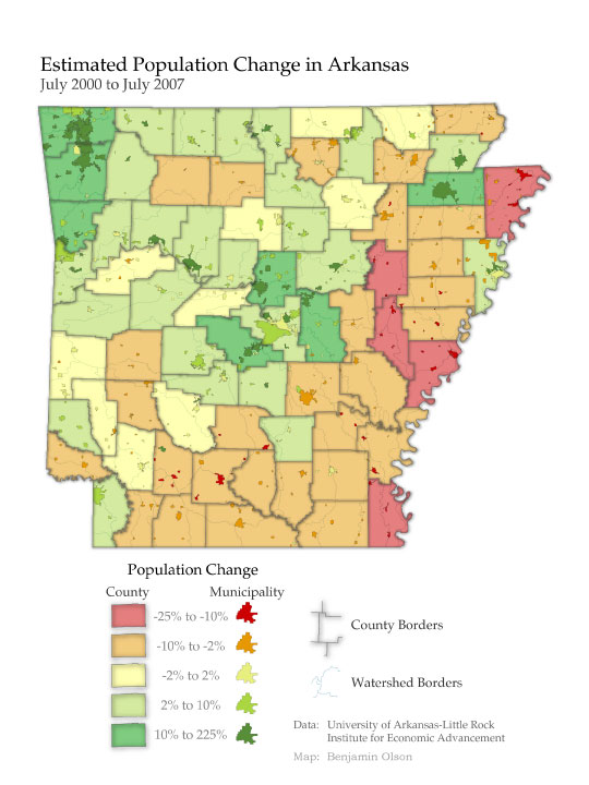 Arkansas Population Change, 2000 to 2007